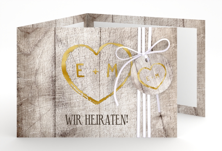 Hochzeitseinladung Wood A6 Doppel-Klappkarte weiss gold