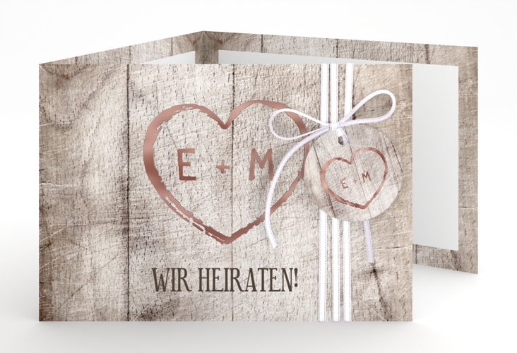 Hochzeitseinladung Wood A6 Doppel-Klappkarte weiss rosegold