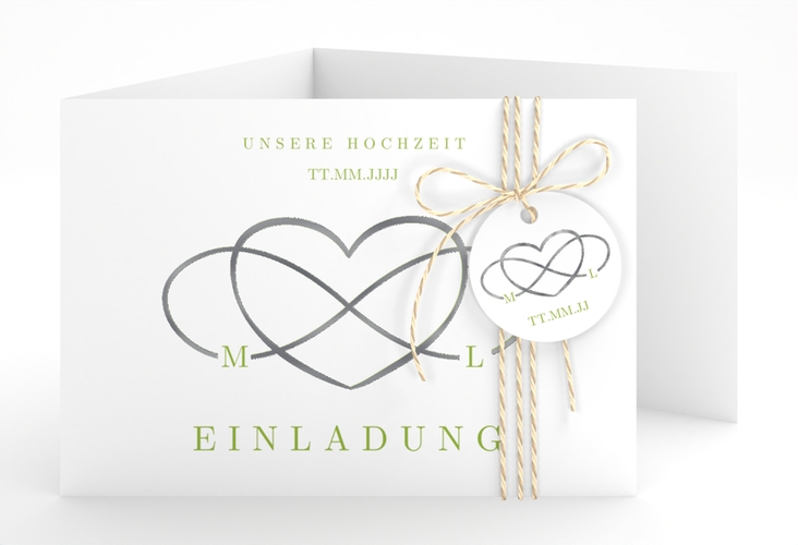 Hochzeitseinladung Infinity A6 Doppel-Klappkarte gruen silber
