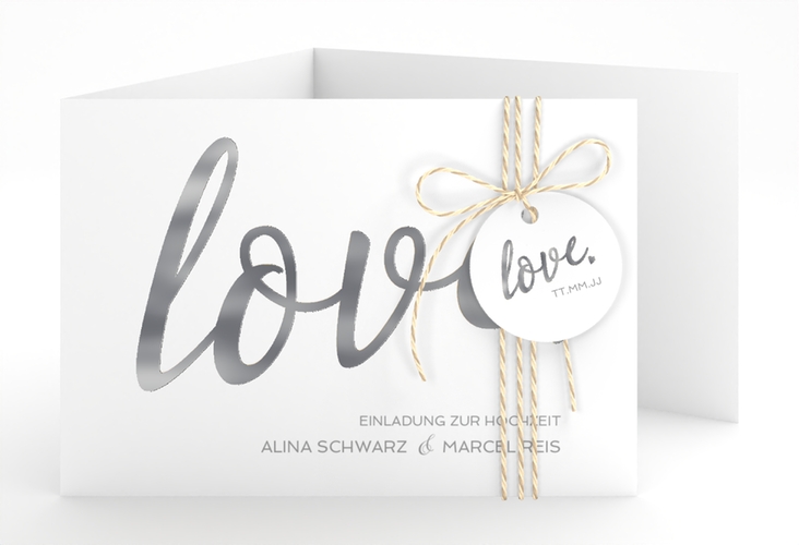 Hochzeitseinladung Glam A6 Doppel-Klappkarte weiss silber