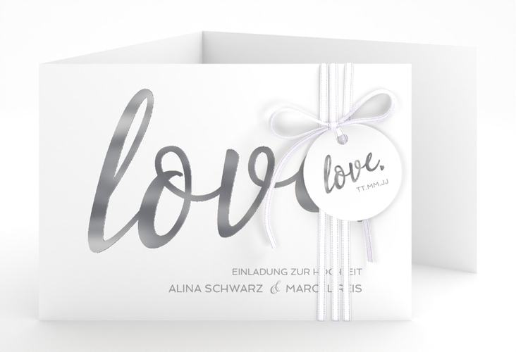 Hochzeitseinladung Glam A6 Doppel-Klappkarte weiss silber
