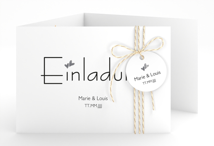 Hochzeitseinladung Twohearts A6 Doppel-Klappkarte beige silber