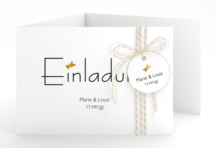 Hochzeitseinladung Twohearts A6 Doppel-Klappkarte beige gold