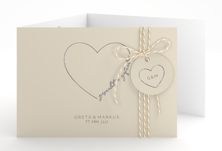 Hochzeitseinladung Lebenstraum A6 Doppel-Klappkarte beige silber