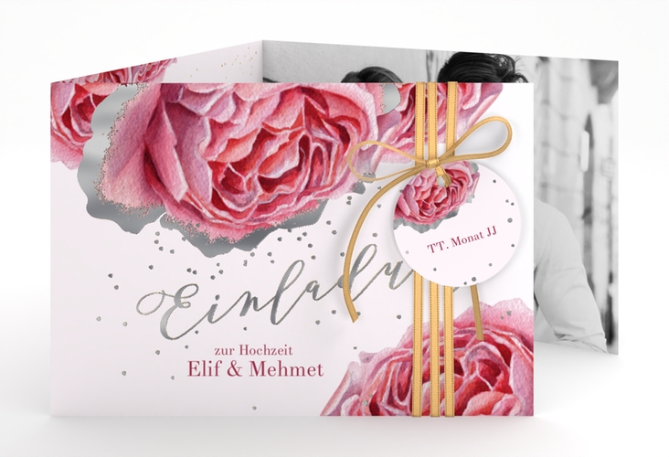 Hochzeitseinladung Cherie A6 Doppel-Klappkarte rosa silber