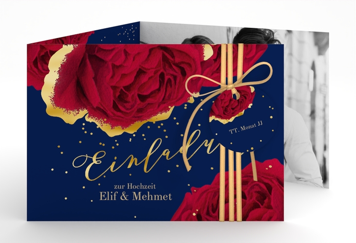 Hochzeitseinladung Cherie A6 Doppel-Klappkarte blau gold