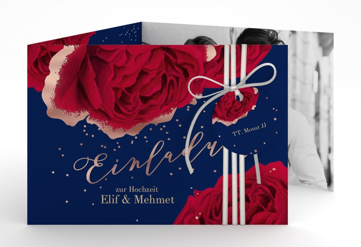 Hochzeitseinladung Cherie A6 Doppel-Klappkarte blau rosegold