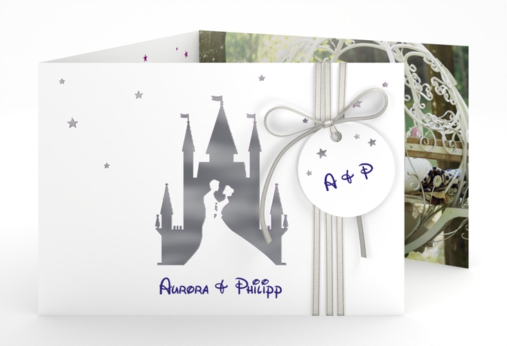 Hochzeitseinladung Castle A6 Doppel-Klappkarte lila silber