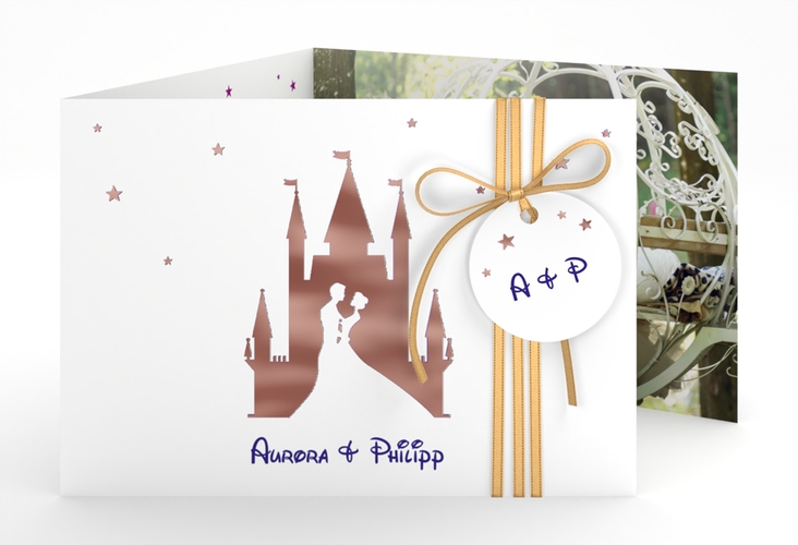 Hochzeitseinladung Castle A6 Doppel-Klappkarte lila rosegold