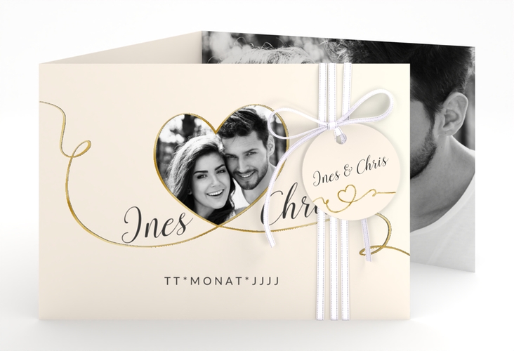 Hochzeitseinladung Dolce A6 Doppel-Klappkarte beige gold