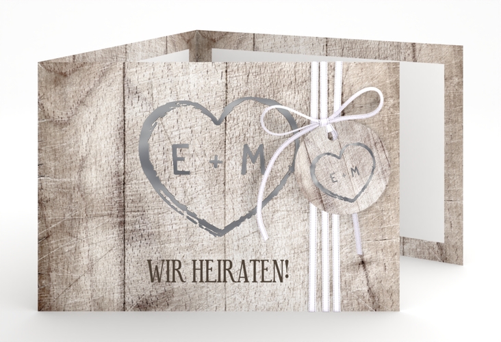 Hochzeitseinladung Wood A6 Doppel-Klappkarte weiss silber