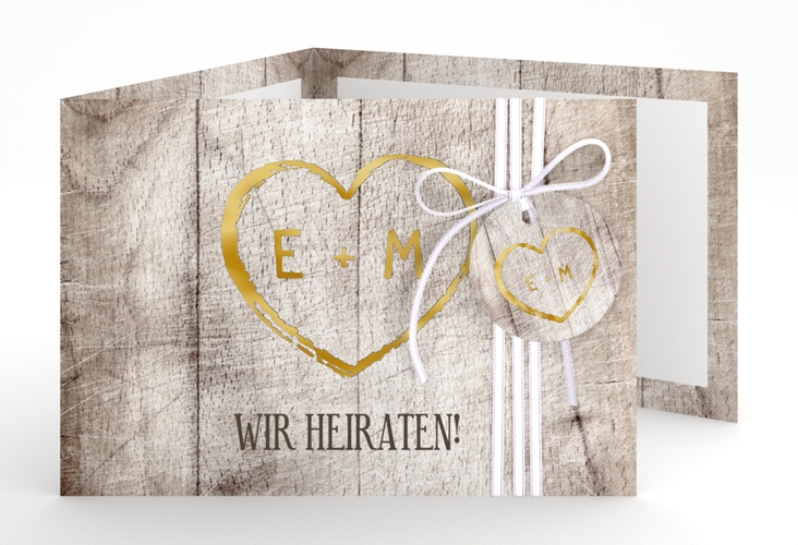 Hochzeitseinladung Wood A6 Doppel-Klappkarte weiss gold