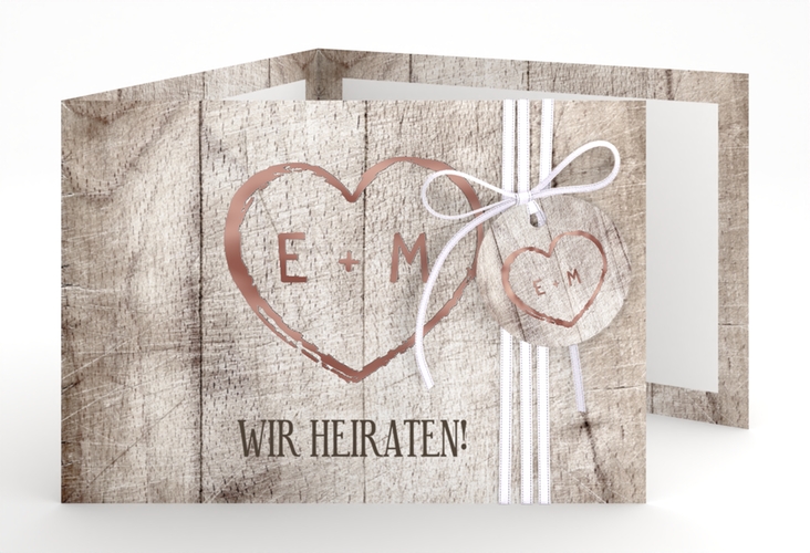 Hochzeitseinladung Wood A6 Doppel-Klappkarte weiss rosegold