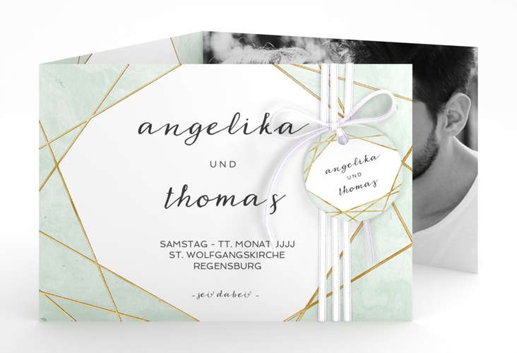 Hochzeitseinladung Asymmetry A6 Doppel-Klappkarte gruen gold