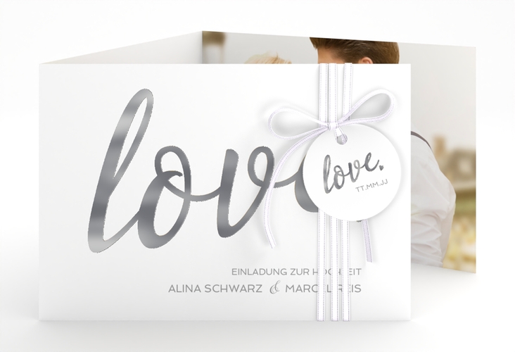 Hochzeitseinladung Glam A6 Doppel-Klappkarte weiss silber