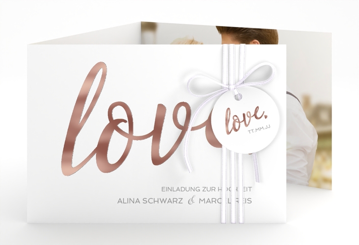 Hochzeitseinladung Glam A6 Doppel-Klappkarte weiss rosegold