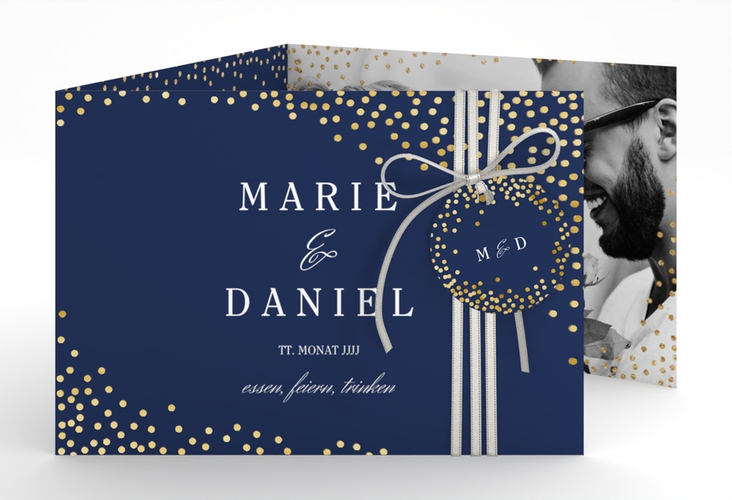 Hochzeitseinladung Glitter A6 Doppel-Klappkarte blau gold