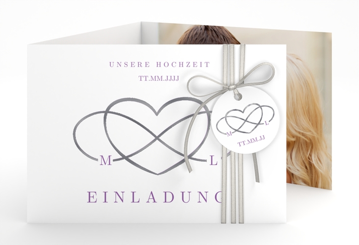 Hochzeitseinladung Infinity A6 Doppel-Klappkarte lila silber