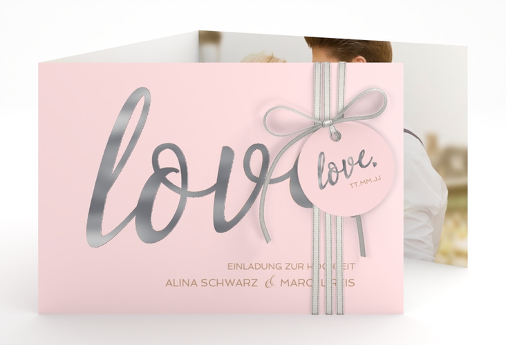 Hochzeitseinladung Glam A6 Doppel-Klappkarte rosa silber