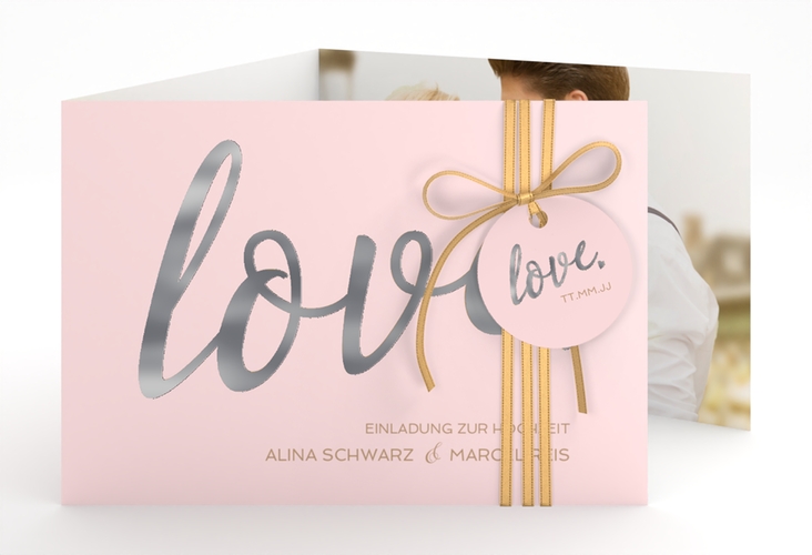 Hochzeitseinladung Glam A6 Doppel-Klappkarte rosa silber