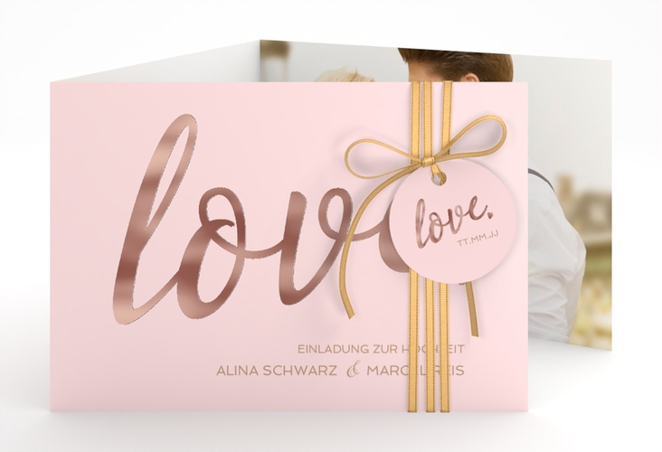 Hochzeitseinladung Glam A6 Doppel-Klappkarte rosa rosegold