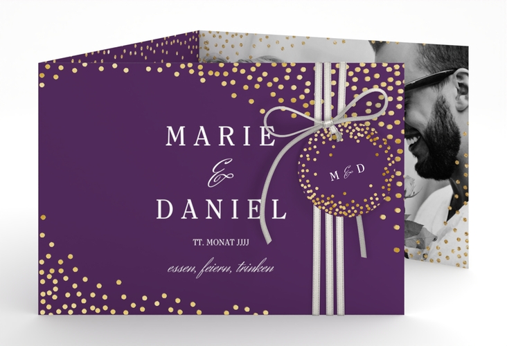 Hochzeitseinladung Glitter A6 Doppel-Klappkarte lila gold