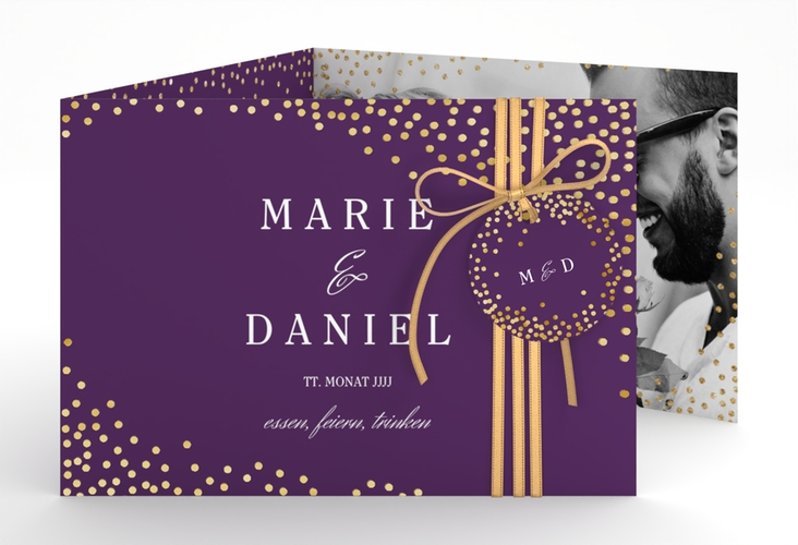 Hochzeitseinladung Glitter A6 Doppel-Klappkarte lila gold