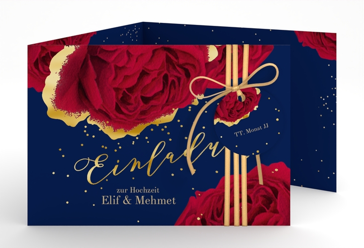 Hochzeitseinladung Cherie A6 Doppel-Klappkarte blau gold