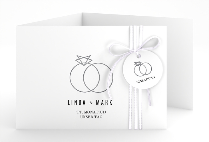Hochzeitseinladung Rings A6 Doppel-Klappkarte weiss silber