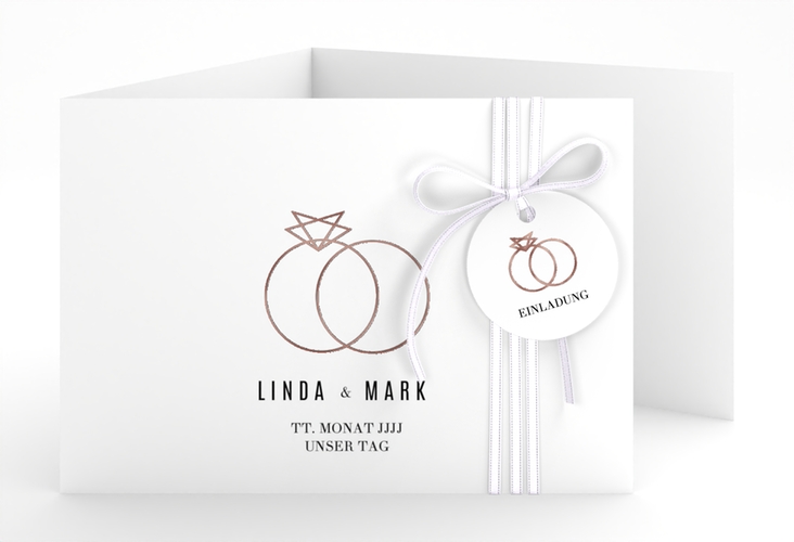 Hochzeitseinladung Rings A6 Doppel-Klappkarte weiss rosegold