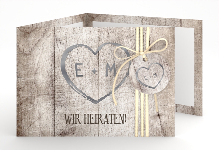 Hochzeitseinladung Wood A6 Doppel-Klappkarte weiss silber