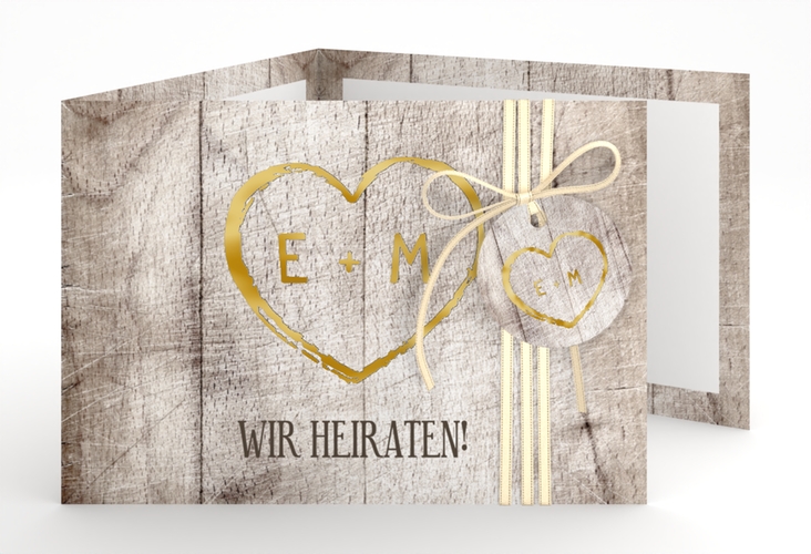 Hochzeitseinladung Wood A6 Doppel-Klappkarte weiss gold