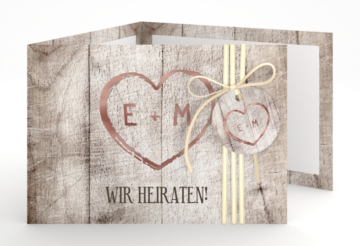 Hochzeitseinladung Wood A6 Doppel-Klappkarte weiss rosegold