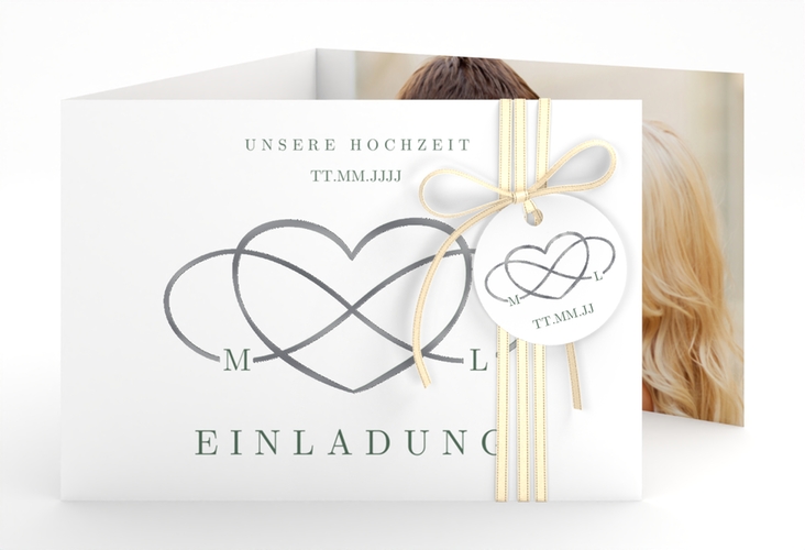 Hochzeitseinladung Infinity A6 Doppel-Klappkarte gruen silber