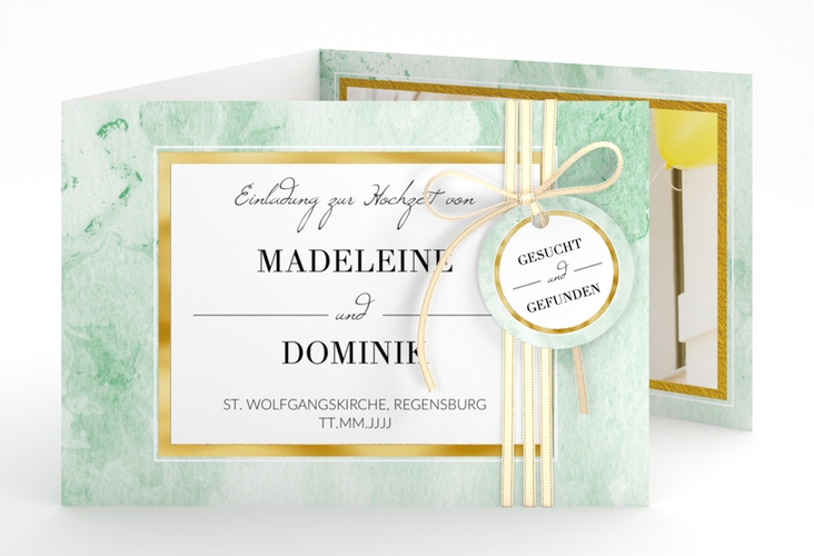 Hochzeitseinladung Marble A6 Doppel-Klappkarte gruen gold