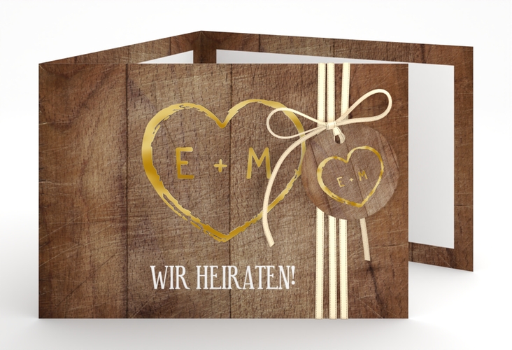 Hochzeitseinladung Wood A6 Doppel-Klappkarte braun gold