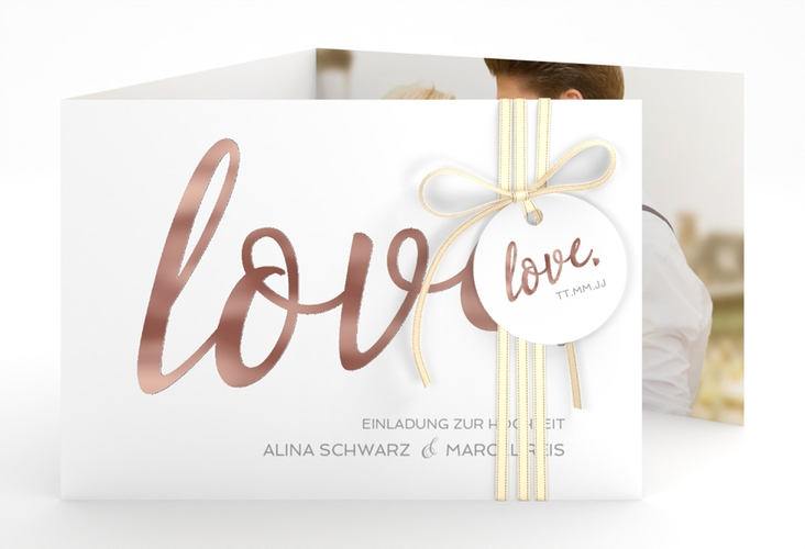 Hochzeitseinladung Glam A6 Doppel-Klappkarte weiss rosegold