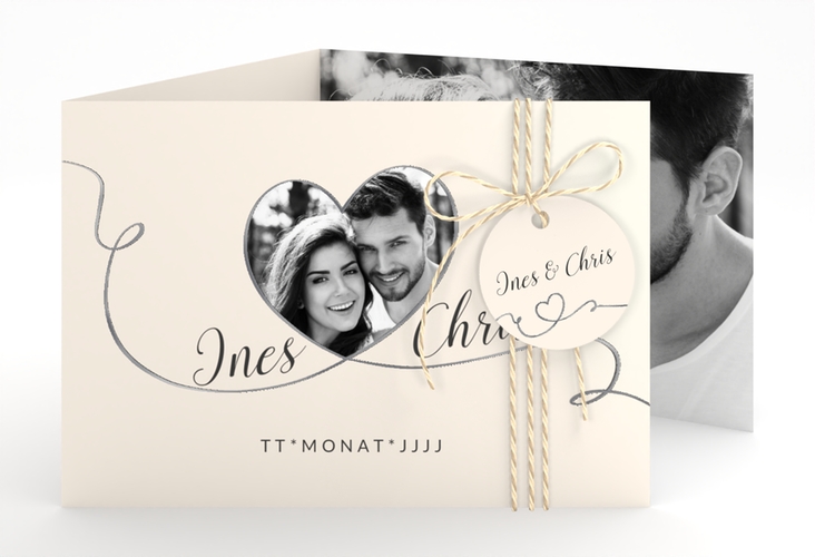 Hochzeitseinladung Dolce A6 Doppel-Klappkarte beige silber