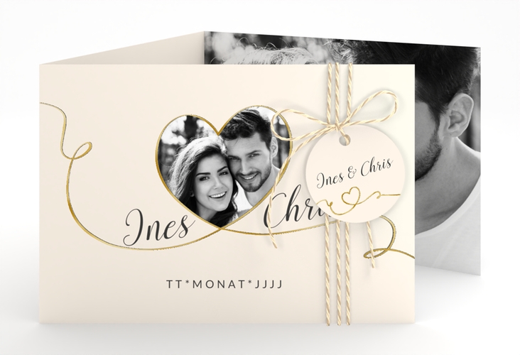 Hochzeitseinladung Dolce A6 Doppel-Klappkarte beige gold