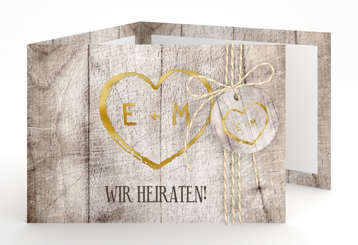 Hochzeitseinladung Wood A6 Doppel-Klappkarte weiss gold