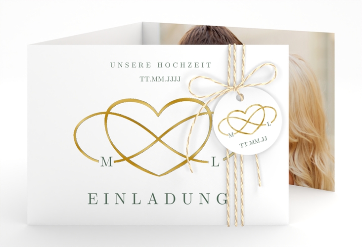 Hochzeitseinladung Infinity A6 Doppel-Klappkarte gruen gold