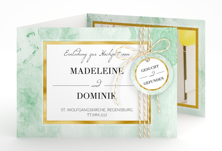 Hochzeitseinladung Marble A6 Doppel-Klappkarte gruen gold