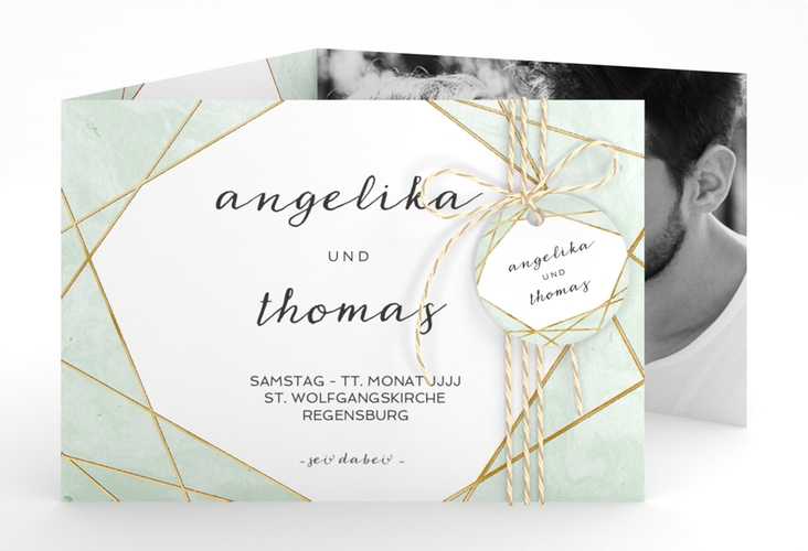Hochzeitseinladung Asymmetry A6 Doppel-Klappkarte gruen gold