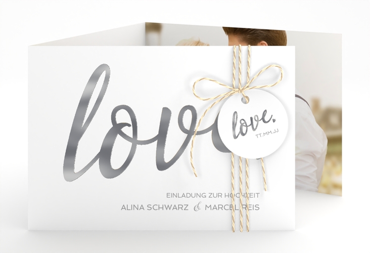 Hochzeitseinladung Glam A6 Doppel-Klappkarte weiss silber
