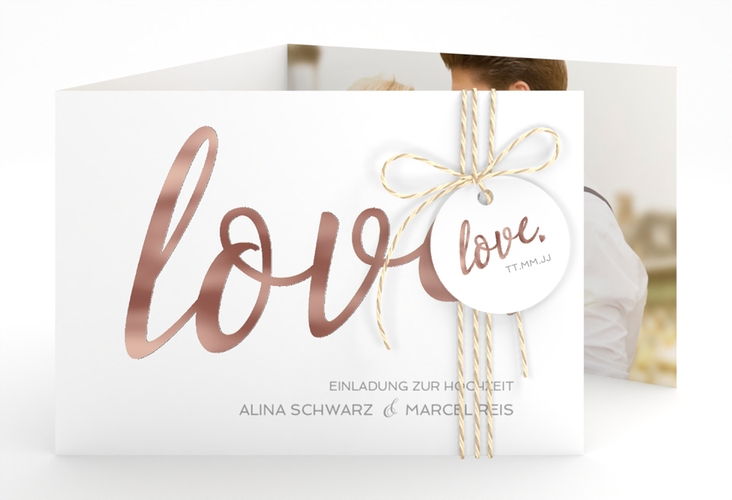 Hochzeitseinladung Glam A6 Doppel-Klappkarte weiss rosegold