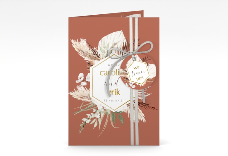 Einladungskarte Hochzeit Bohemian A6 Klappkarte hoch orange gold mit Gräsern und Trockenblumen für Boho-Hochzeit