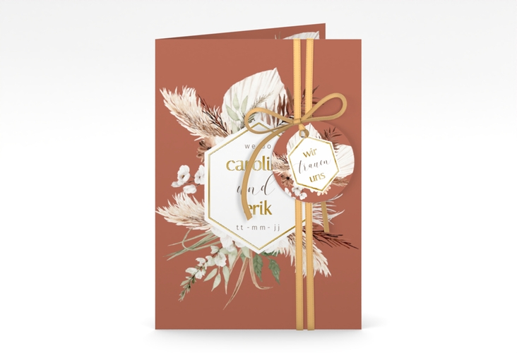 Einladungskarte Hochzeit Bohemian A6 Klappkarte hoch orange gold mit Gräsern und Trockenblumen für Boho-Hochzeit