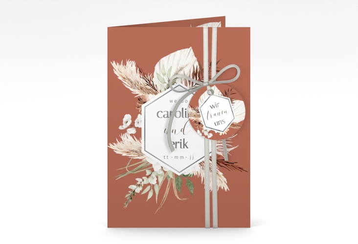 Einladungskarte Hochzeit Bohemian A6 Klappkarte hoch orange silber mit Gräsern und Trockenblumen für Boho-Hochzeit