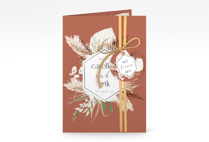 Einladungskarte Hochzeit Bohemian A6 Klappkarte hoch orange silber mit Gräsern und Trockenblumen für Boho-Hochzeit