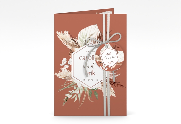 Einladungskarte Hochzeit Bohemian A6 Klappkarte hoch orange rosegold mit Gräsern und Trockenblumen für Boho-Hochzeit